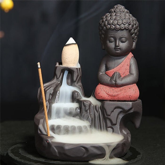 H199434aea7774104b3effa344d663b79M 4 Colors Available Ceramic Little Monk Smoke Backflow Cone Censer Holder Incense Burner Home Decoration