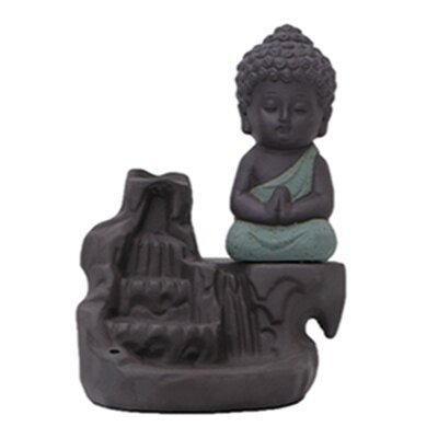 H4d4bf3dc5d7549bea11688ab3e31ad2fu 4 Colors Available Ceramic Little Monk Smoke Backflow Cone Censer Holder Incense Burner Home Decoration
