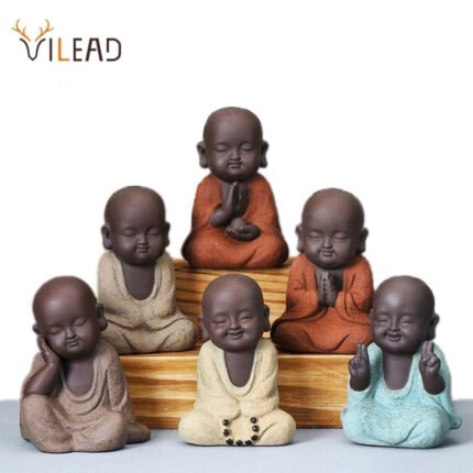 VILEAD Ceramic Buddha Statues Modern Mini Monk Sculpture Tea Set Statuette Miniature Figurines for Home Decoration Accessories
